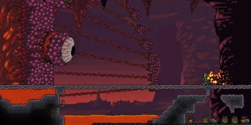 Invoque e Vença a Parede de Carne: Jogue o boneco na lava para sacrificar o NPC Guia. Derrote o monstro gigante para liberar as mensagens que confirmam a ativação do novo modo.