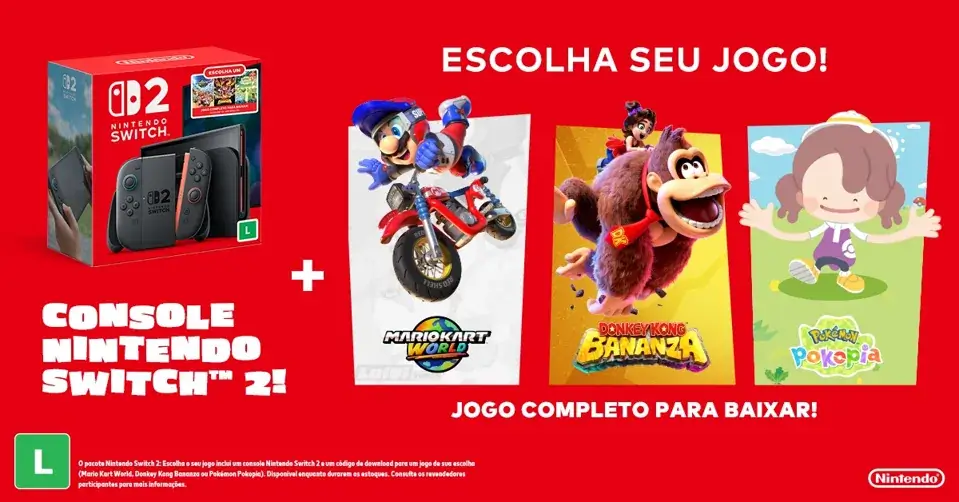 Bundle do Nintendo Switch 2 com três opções de jogos Escolha Seu Jogo