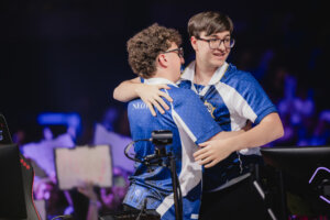 Neon (L) and blowz of Leviatán react onstage after their victory at the VALORANT Masters London