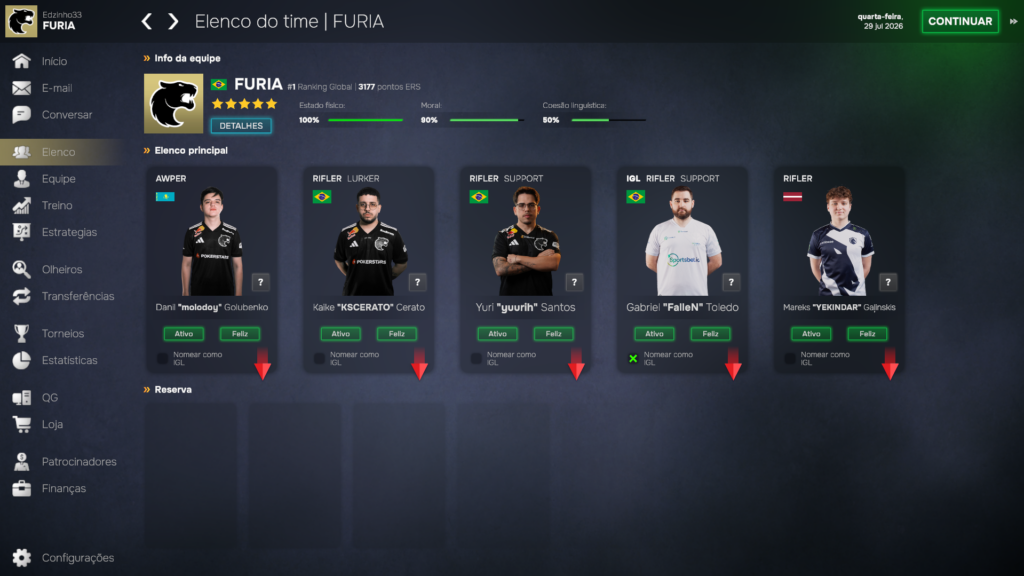 Elenco faz parte das conquistas de Esports Manager 2026