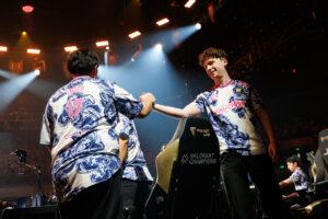 invy (L) and something of Paper Rex react on stage VALORANT Champions Shanghai
