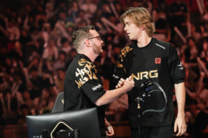 brawk (L) and mada of NRG react onstage during VALORANT Champions Shanghai