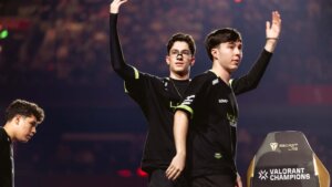 tkzin (L) and lukxo of LOUD react onstage during VALORANT Champions Shanghai