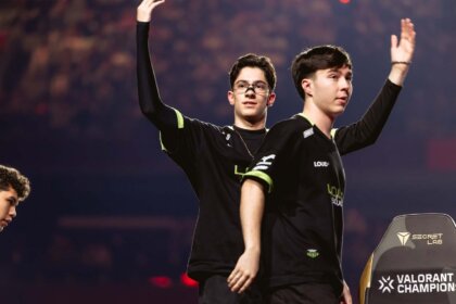 tkzin (L) and lukxo of LOUD react onstage during VALORANT Champions Shanghai