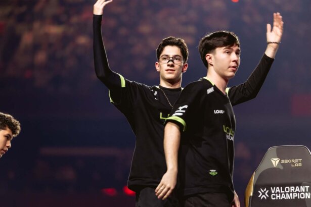 tkzin (L) and lukxo of LOUD react onstage during VALORANT Champions Shanghai