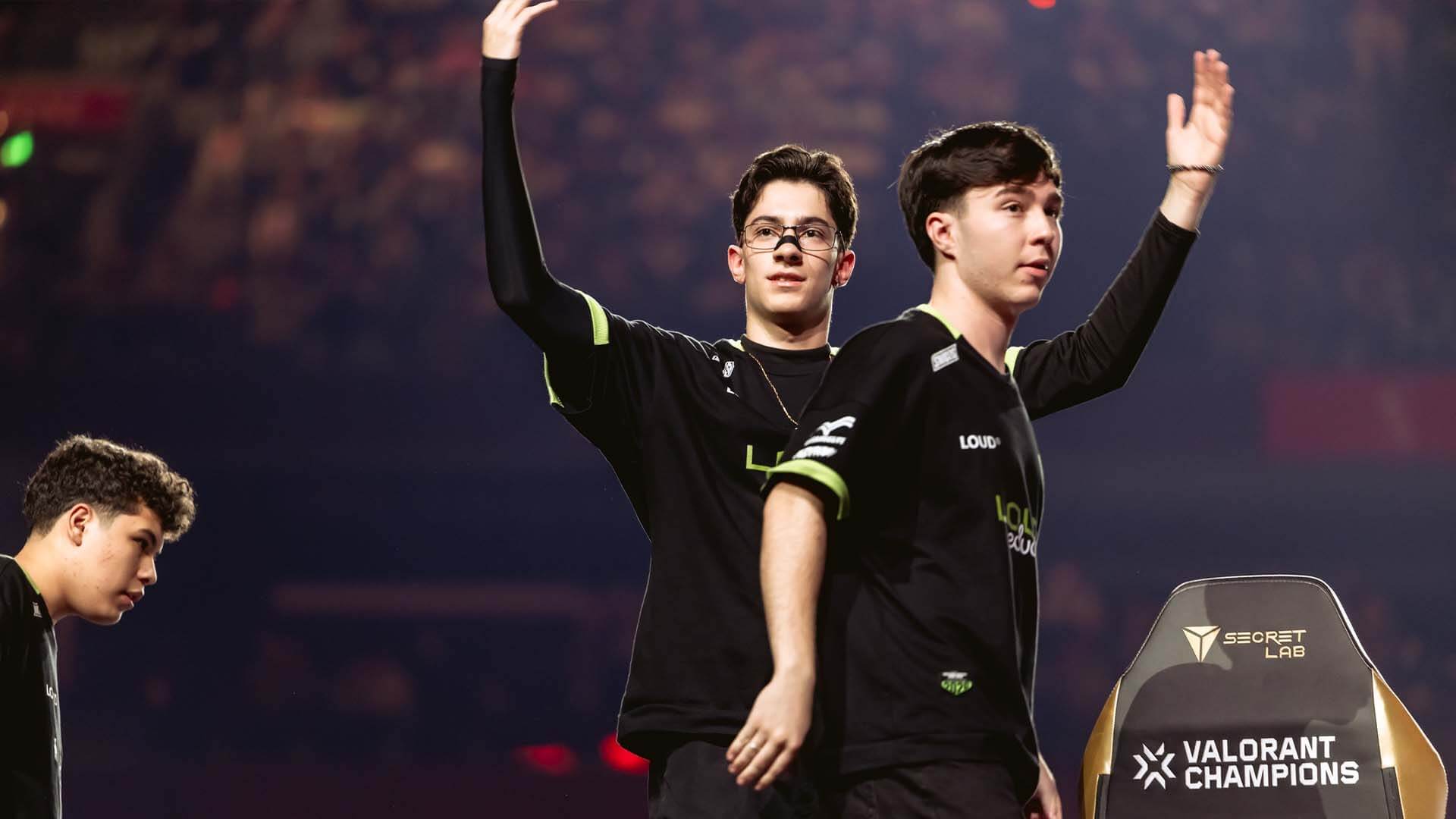 tkzin (L) and lukxo of LOUD react onstage during VALORANT Champions Shanghai