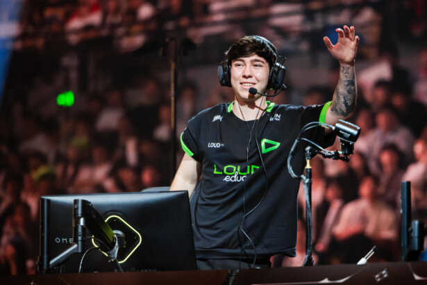 lukxo of LOUD reacts onstage during VALORANT Champions Shanghai